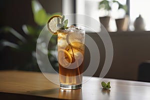 A glass of iced tea made of a lemon wedge and a sprig of mint. 